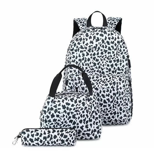Leopard Print School Bag, Lunch Bag and Pencil Case Set with USB charging port